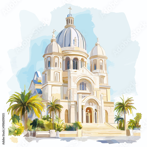 Basilica of Our Lady of Peace in Yamoussoukro. Basilica of Our Lady of Peace in Yamoussoukro hand drawn watercolor illustration on white background