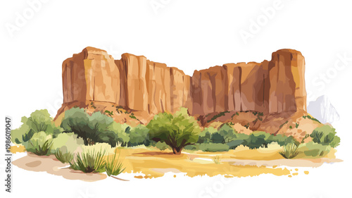 Bandiagara Escarpment. Bandiagara Escarpment hand drawn watercolor illustration on white background