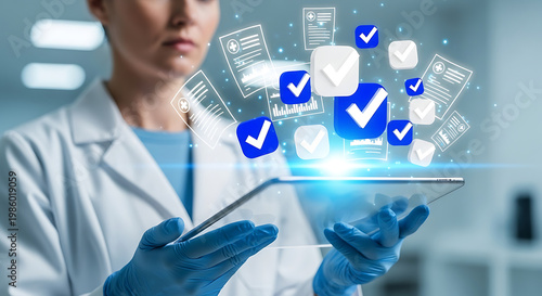 Digital Confirmation in Lab: A focused scientist, garbed in a pristine lab coat and protective gloves, utilizes a digital tablet to review and validate data with virtual checkmarks.