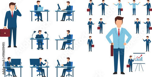 Collection of professional businessperson vector illustrations showing office activities presentations teamwork communication laptop work phone calls