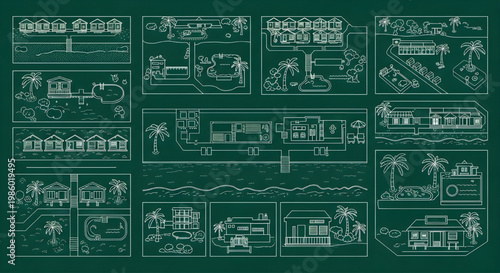 Beach Shoreline Layout Blueprint Icon Set – AutoCAD Resort Multi View Landscape Technical Drawing White Outline on Dark Green Background