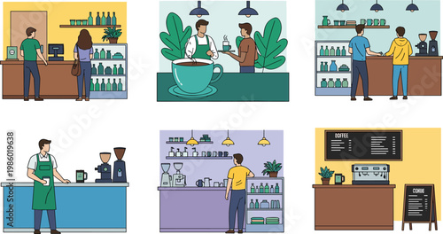 Flat vector illustration set of modern coffee shop interiors featuring baristas serving customers espresso machines cafe counters and people enjoying hot beverages in cafeteria