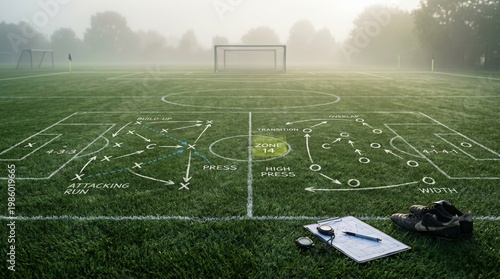Green football field with subtle white formation lines and arrows, morning mist atmosphere, ultra-detailed grass texture, soft neutral background for text, coaching and planning concept