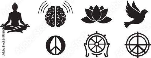 Mindfulness and Spiritual Wellness Vector Icon Set Featuring Meditation Silhouette, Brain Waves, Lotus Flower, Peace Symbols, Dharmachakra Wheel, and Flying Dove for Mental Health and Yoga Designs.