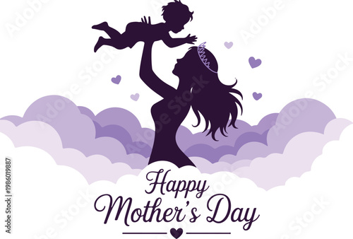 A heartwarming silhouette of a couple embracing under a cloud on mother's day isolated on white background

