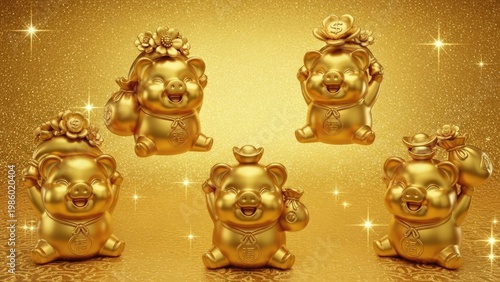 Golden pig statues displayed with a bright yellow background and glitter