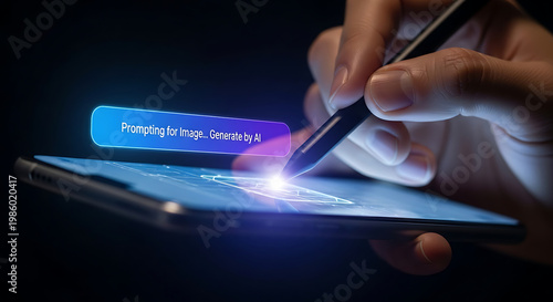 AI prompt in Hand: Close-up of a hand using a stylus on a smartphone screen, a vibrant AI-generated prompt displayed, highlighting the blend of technology and innovation.