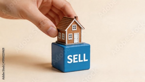 Realestate property sale sell investment housing home house mortgage finance concept shows hand placing wooden house block labeled SELL for real estate deal investment opportunity market grow