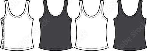 Four variations of sleeveless tank tops with different neckline designs and colors