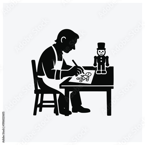 Craftsman working on a doll at a table