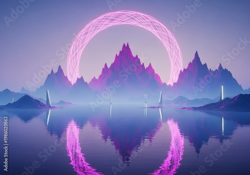 Neon pink aurora over surreal mountain landscape with glowing grid
