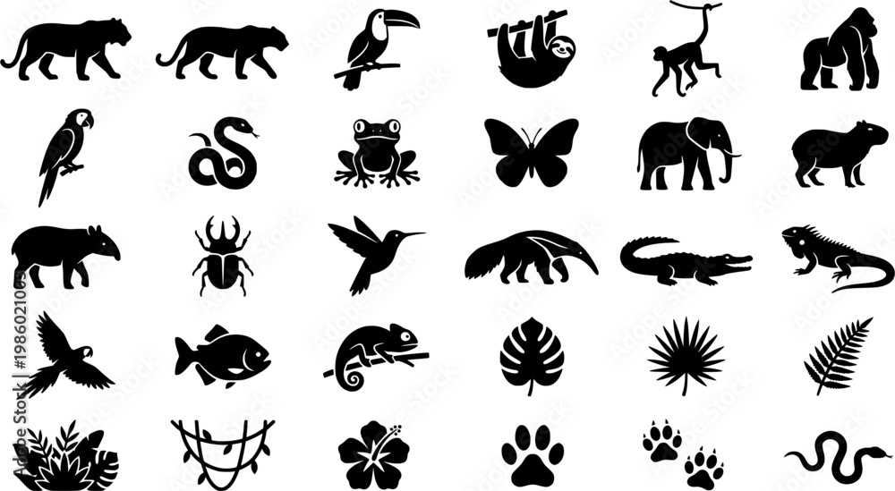 Fototapeta premium Jungle animal outlines: cats, birds, frogs, insects, trees
