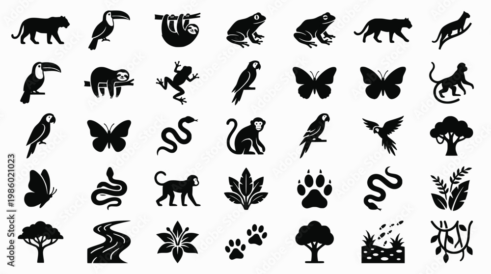 Fototapeta premium Jungle animal outlines: cats, birds, frogs, insects, trees 