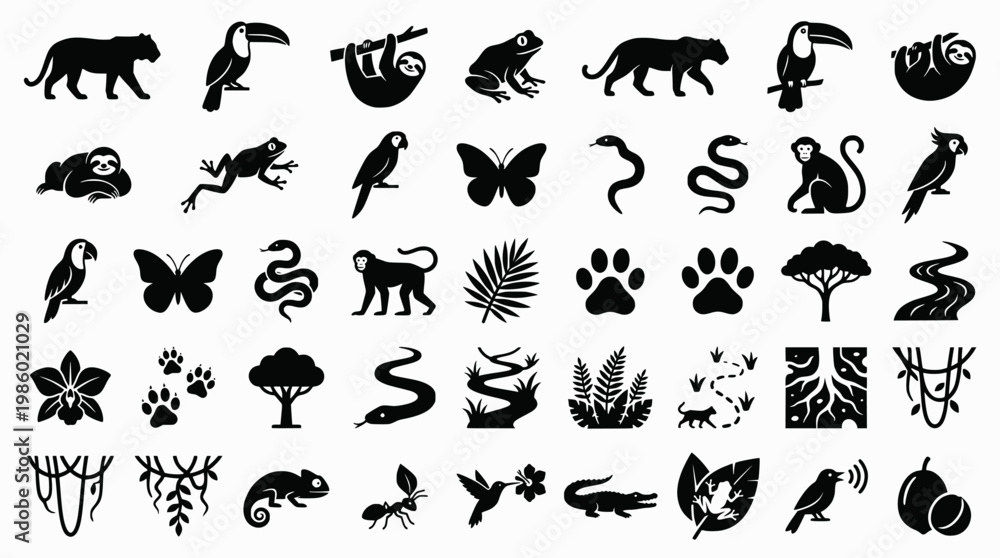 Naklejka premium Jungle animal outlines: cats, birds, frogs, insects, trees 