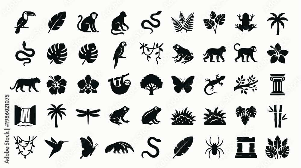 Fototapeta premium Nature icons collection: animals and plants in bold black silhouette style 