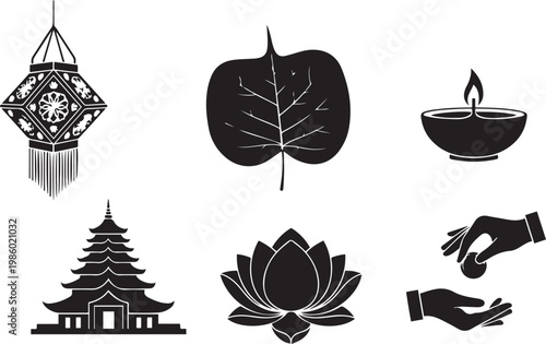 Vesak Day Festival Vector Icons Set: Traditional Buddhist Symbols including Lantern, Bodhi Leaf, Oil Lamp, Stupa, Lotus Flower and Alms Giving. Sri Lankan Religious Poya Day Celebration Elements EPS.