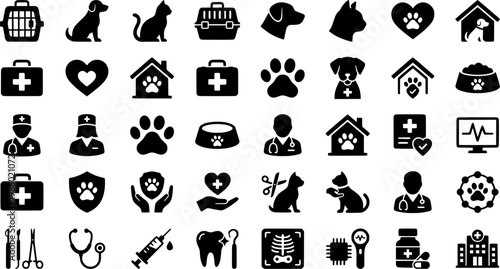 Pet care silhouette icons set – veterinary, heart, animal and shelter symbols
