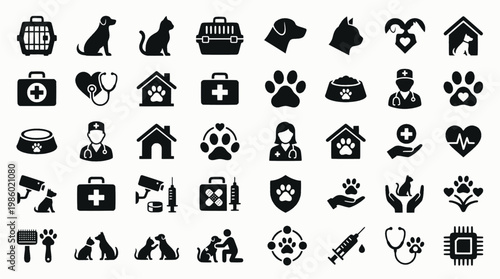 Pet care silhouette icons set – veterinary, heart, animal and shelter symbols
