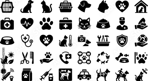 Pet care silhouette icons set – veterinary, heart, animal and shelter symbols
