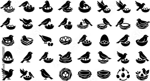 Variety of bird nest icons featuring birds with eggs in different stylized designs
