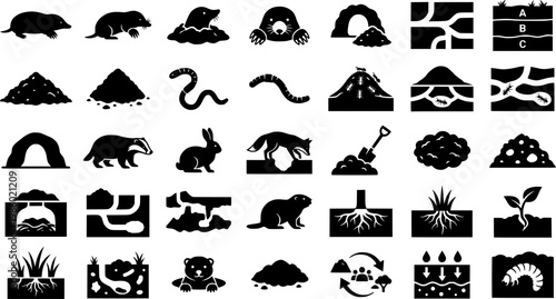 Mole Life Icons. Mole Animal Life. Solid icon set of Mole Animal Life: mole, digging paws, tunnel, dirt mound, worm, soil, whiskers, nose, grass, shovel,