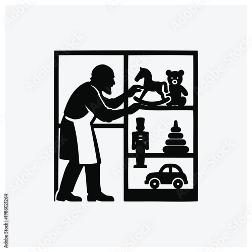 Silhouette illustration of a toy shop owner displaying toys like a horse, teddy bear, stacking blocks, and car.