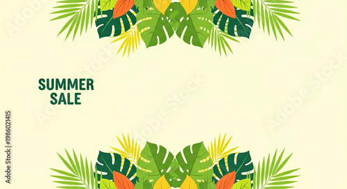Colorful tropical foliage design with a summer sale theme featuring green and yellow leaves against a light background with copy space for promotional text.