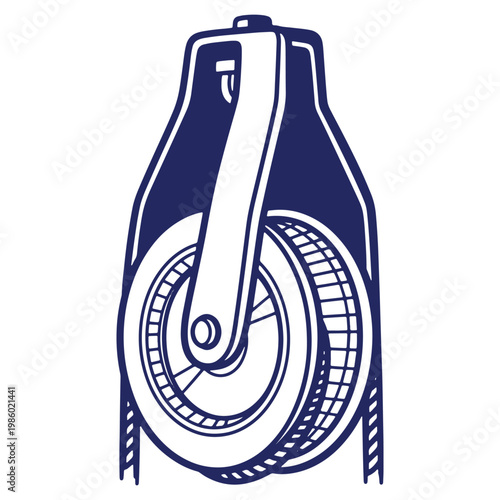 Detailed illustration of a caster wheel in navy and white with a hand drawn style showcasing mobility and utility for furniture