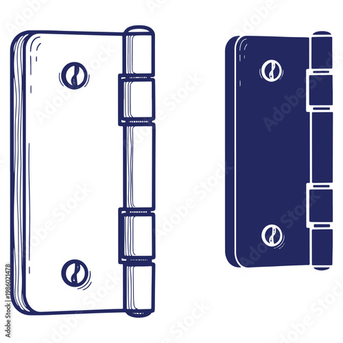 Door hinge sketch in blue outlining a hinge mechanism and screw installation for furniture assembly or construction work
