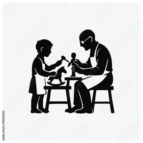 Silhouette of a child doctor examining a puppy with a parent or doctor