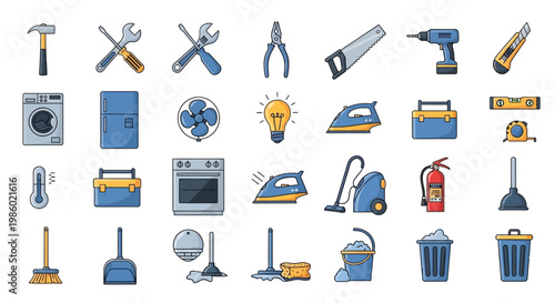 Collection of household cleaning tools.