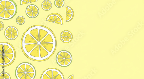 Lemon slices illustrated in a cheerful style against a bright yellow background with copy space for summer sale poster