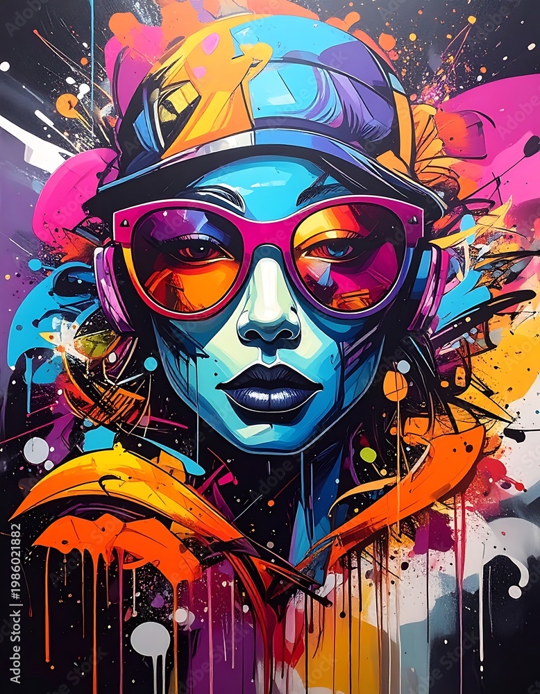Fototapeta premium A vibrant, abstract digital art portrait of a person wearing sunglasses and a cap, surrounded by colorful splatters