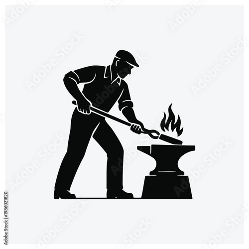 Blacksmith working with a glowing anvil and hammer