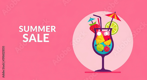 Colorful summer cocktail illustration with refreshing mood, perfect for summer sale advertising with copy space