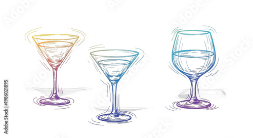 Colorful wine glasses, cocktail glasses, drinking glasses, vector set