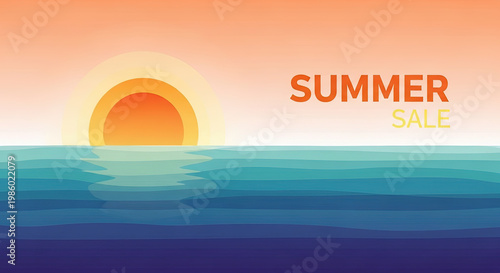 Bright summer sunset over calm ocean waves with a vibrant color palette, perfect for a summer sale poster with copy space.