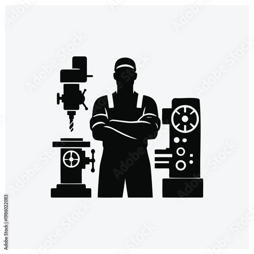 Silhouette of a machinist with lathes and milling machines in a workshop setting