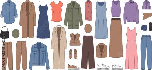 Fashion clothes set with garments and accessories for men and women, modern casual apparel collection, flat vector illustration isolated