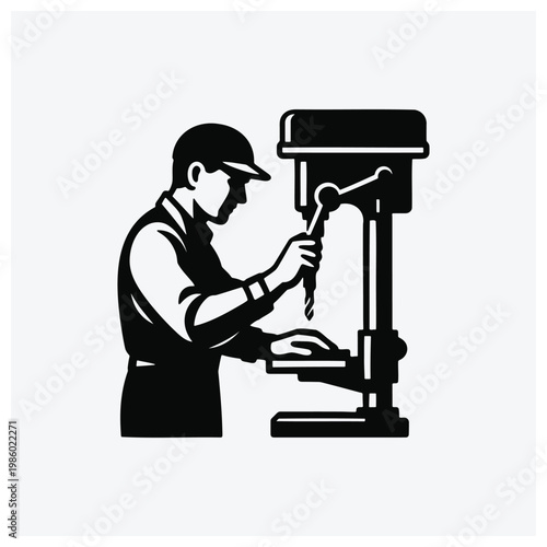 Silhouette of a tailor or seamstress operating a sewing machine.