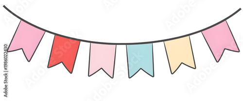 Colorful party flags, festive banner, celebration decorations, hanging pennants