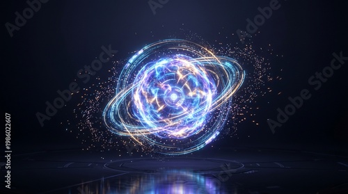 Neon quantum energy core with orbital rings futuristic concept