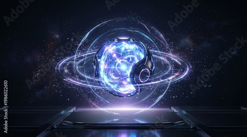 Futuristic glowing energy sphere hologram advanced technology concept