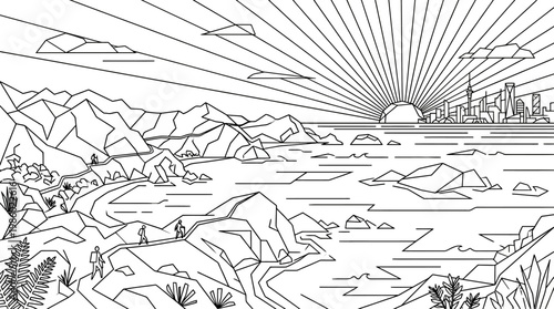 Coastal Landscape with Mountains Sea and City Skyline