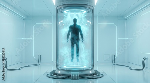 Silhouette of human inside futuristic chamber sci fi technology concept