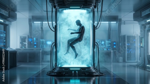 Futuristic human body in cryogenic pod advanced laboratory concept