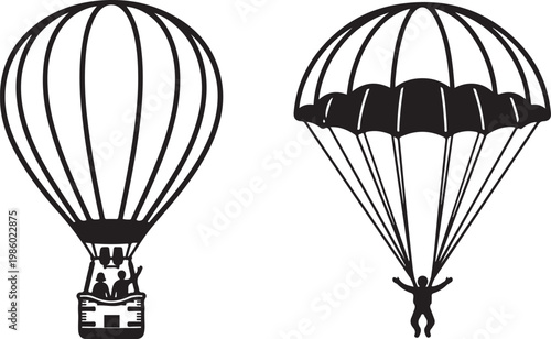 Comparison of hot air balloon and parachute with skydiver parachute skydiver transport adventure activity silhouette illustration recreation excitement expedition