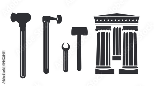 Silhouetted tools and a classical building, all in dark gray against a clean white backdrop
