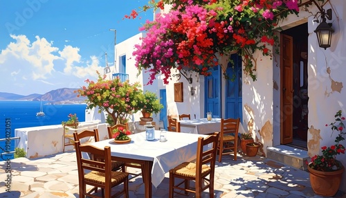 A serene Mediterranean outdoor dining area with vibrant flowers