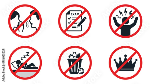 Collection of six prohibition signs indicating no whispering, no exams, no anger, no sleeping, no trash, and no royalty